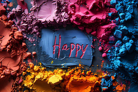 Holi background, voluminous and airy colored powder on a dark background with happy holi text and empty space for design. With Generative AI technology.の素材