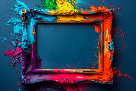 Holi background, colored powder on dark background with empty space for design. With Generative AI technology.の素材