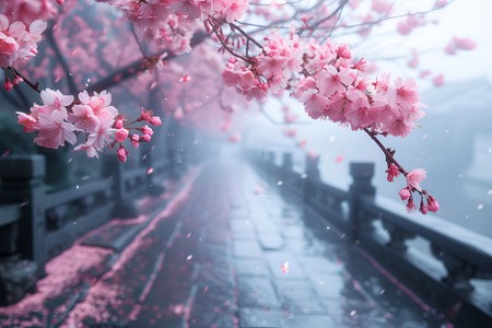 Spring card with sakura flowers for the holiday of the spring equinox and the cherry blossom festival, showing awakened nature. Banner suitable for design. With Generative AI technology.の素材