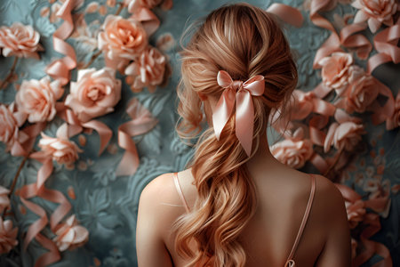 Bows on hair and clothes are a symbol of hyper-femininity, reflecting changes in public sentiment, where bows add sophistication and tenderness to images. With Generative AI technology.の素材