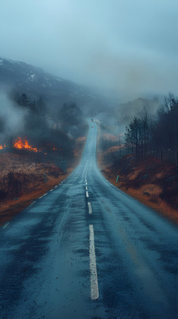An empty road shrouded in smoke and fire, the view from a car window, burnt grass on the side of an empty road. With Generative AI technology.の素材