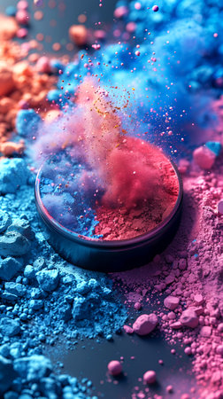 Holi background, colored powder on pink background with empty space for design. With Generative AI technology.の素材