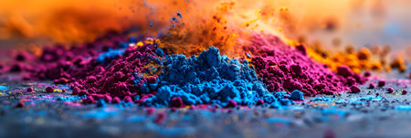Holi background, colored powder on dark background with empty space for design. Banner. With Generative AI technology.の素材