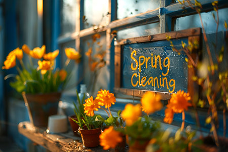 Spring card with flowers for the holiday of the vernal equinox and with the text spring cleaning in the center, showing awakened nature. Banner suitable for design on a blue background. With Generative AI technology.の素材