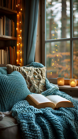 A cozy sanctuary in the home, a place in the home where you can enjoy peace and quiet, separated from the main living areas. Living room in warm colors. With Generative AI technology.の素材