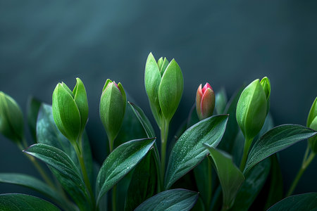 Spring card for the holiday of the vernal equinox with blooming tulips, showing awakened nature. Banner suitable for design. With Generative AI technology.の素材