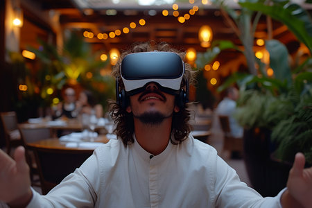 A man using a VR headset interacts with the virtual world, located against the backdrop of a cafe or restaurant. With Generative AI technology.の素材