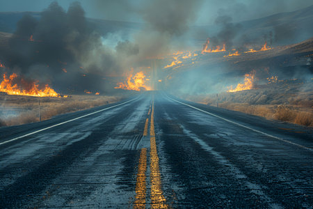 An empty road shrouded in smoke and fire, the view from a car window, burnt grass on the side of an empty road. With Generative AI technology.の素材