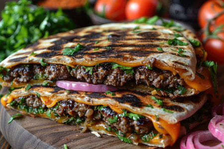 Burger quesadilla - burger cutlet in quesadilla tortillas. With Generative AI technology.の素材
