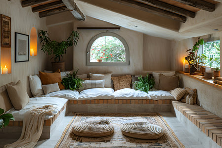 A cozy sanctuary in the home, a place in the home where you can enjoy peace and quiet, separated from the main living areas. Living room in beige tones. With Generative AI technology.の素材