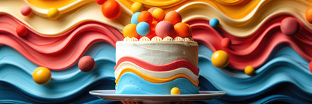 Easter cake with multicolored eggs on a colorful background. Top view.の素材