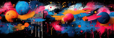 Abstract banner background of the maximalist design trend of the year in bright colors on a dark background. Strokes of paint. With Generative AI technology.の素材