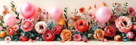 Bouquet of flowers and balloons on the background of the wallの素材