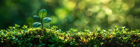 Banner. A sprout breaking through the soil concept for Earth Day and environmental protection. Spring mood. With Generative AI technology.の素材