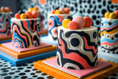 Abstract background card with cakes and pastries in a maximalistic bold design very colorful. With Generative AI technology.の素材