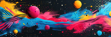 Abstract background illustration of maximalism in the Cluttercore trend with rich colors and bold design touches. Bright banner for the backing. With Generative AI technology.の素材