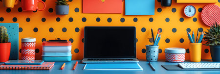 Stylish workspace with modern laptop, stationery and decorations on yellow backgroundの素材