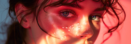 The eyes of a girl in the romantic style of coquetry aesthetics are a combination of playfulness and elegance. Bright and bold banner background. With Generative AI technology.の素材