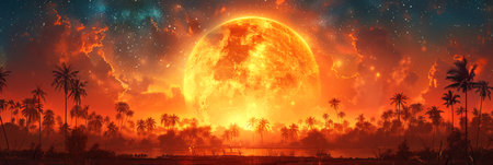 Postcard of an evening landscape for the Festival of Breaking the Fast in Islam. End of Eid al-Fitr. End of Ramadan. With Generative AI technology.の素材