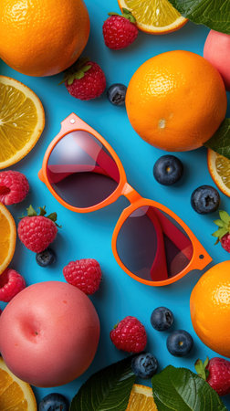 Spring and summer background with bright and cheerful attributes. Concepts of April Fool's Day or April Fool's Day. Blue background. With Generative AI technology.の素材