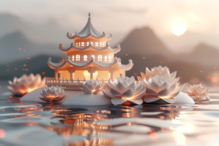Tranquil temple amidst lotus flowers at sunset, embodying peace and serenity in a spiritual setting. Vesak Day greeting card. With Generative AI technology.の素材
