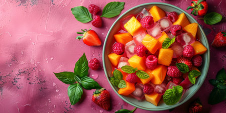 Fresh fruit salad with mango, raspberry, and strawberry garnished with basil, perfect for healthy eating themes. With Generative AI technology.の素材