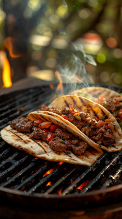 Grilled steak tacos over open flames, perfect for outdoor cooking themes or BBQ event promotions. Trendy Mexican food. With Generative AI technology.の素材