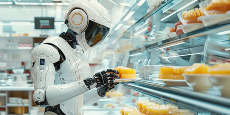 White robot selecting cheese in a supermarket, great for grocery and AI technology applications. With Generative AI technology.の素材