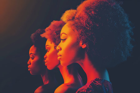 Three stylized silhouettes of African women with vibrant neon and particle dissolve effects, ideal for modern and cultural themes. With Generative AI technology.の素材