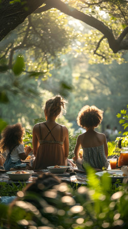 Mother and children enjoying a serene picnic in a lush park, suitable for family and nature themes. With Generative AI technology.の素材
