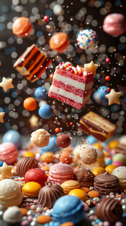 Colorful candies and desserts floating in the air with bokeh background. With Generative AI technology.の素材