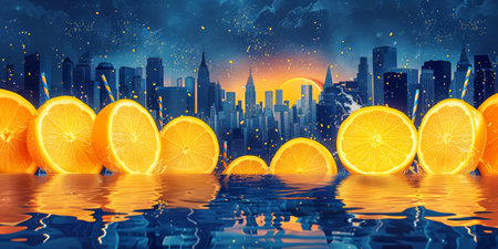 Slices of vibrant oranges with city skyline in the background, ideal for concepts of freshness and urban lifestyle. With Generative AI technology.の素材
