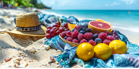 Panoramic beach scene with fruits and sunhat, perfect for vacation and summer leisure themes. With Generative AI technology.の素材