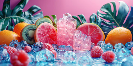 Chilled summer drinks with tropical fruits and ice, great for party and holiday advertising. With Generative AI technology.の素材