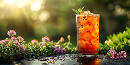 Iced tea with vibrant infusions in a natural garden setting, perfect for summer refreshment themes. With Generative AI technology.の素材