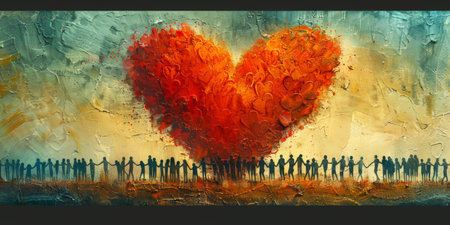 Global unity and love represented by a heart-shaped painting with silhouetted figures, great for concepts of community and emotion. World Blood Donor Day. With Generative AI technology.の素材