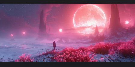 Moody sci-fi landscape with a figure observing giant moons and ethereal pink blooms under a starry sky, perfect for imaginative and atmospheric visuals. With Generative AI technology.の素材
