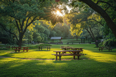 Peaceful park scene with picnic tables and sun through trees, suitable for relaxation and leisure articles. With Generative AI technology.の素材