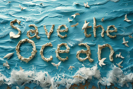 Save the Ocean letters formed by foam and birds over blue water, for environmental presentations. World Ocean Day. With Generative AI technology.の素材