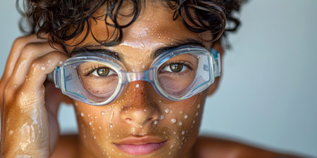 Boy adjusting swimming goggles with water droplets on face, concept of swimming and determination. With Generative AI technology.の素材