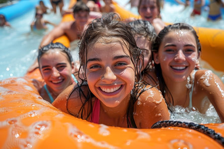Smiling teenagers enjoying a summer day at the water park on an orange inflatable raft. With Generative AI technology.の素材