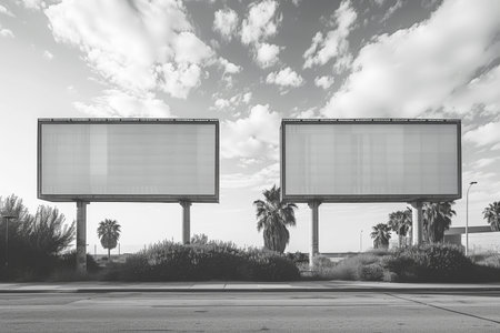 Empty roadside billboards on a sunny day, perfect for advertising mock-ups and urban design concepts. With Generative AI technology.の素材