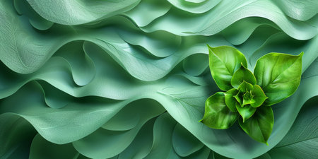 Close-up of green leaves with wavy, textured surface, representing natural beauty and freshness. With Generative AI technology.の素材