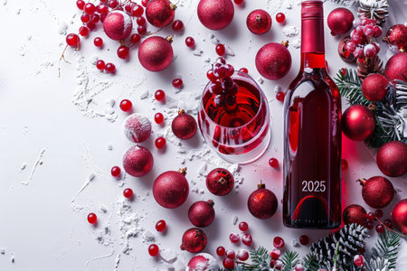 Red wine bottle with 2025 label surrounded by holiday decorations, red baubles, and berries on a snowy surface, conveying a festive and celebratory mood. With Generative AI technology.の素材