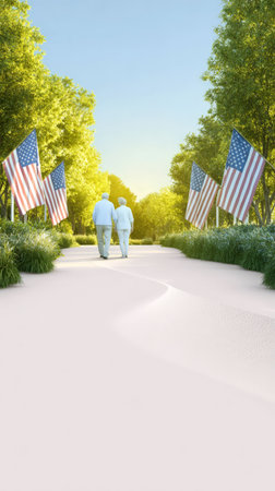 Elderly couple walking in park with american flags on sunny day.の素材