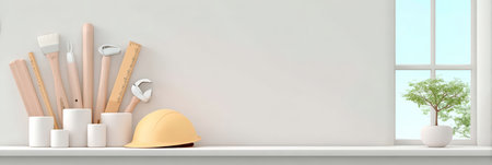 Minimalist workspace with tools and helmet near window and plant.の素材