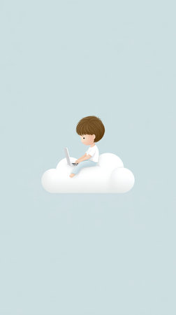 Young caucasian child sitting on a cloud using laptop against blue sky.の素材