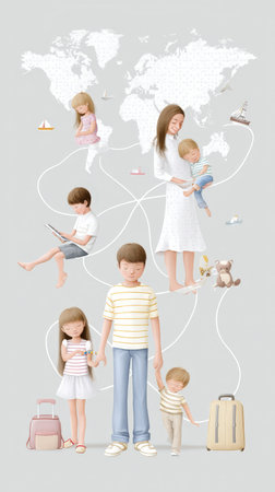 Loving caucasian family traveling with children exploring the world map.の素材