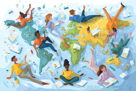 Diverse individuals engaging in education and exploration on illustrated world map.の素材