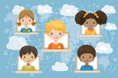 Diverse children engaging in virtual learning environment.の素材